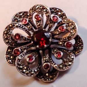 Garnet & Marcasite Sterling Silver Flower Pendant or Brooch, Vintage